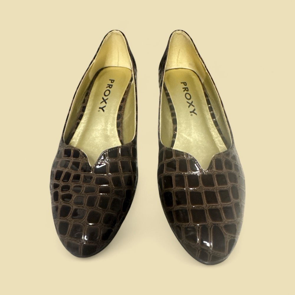 Proxy Brown Crocodile Texture Low Wedge Heels